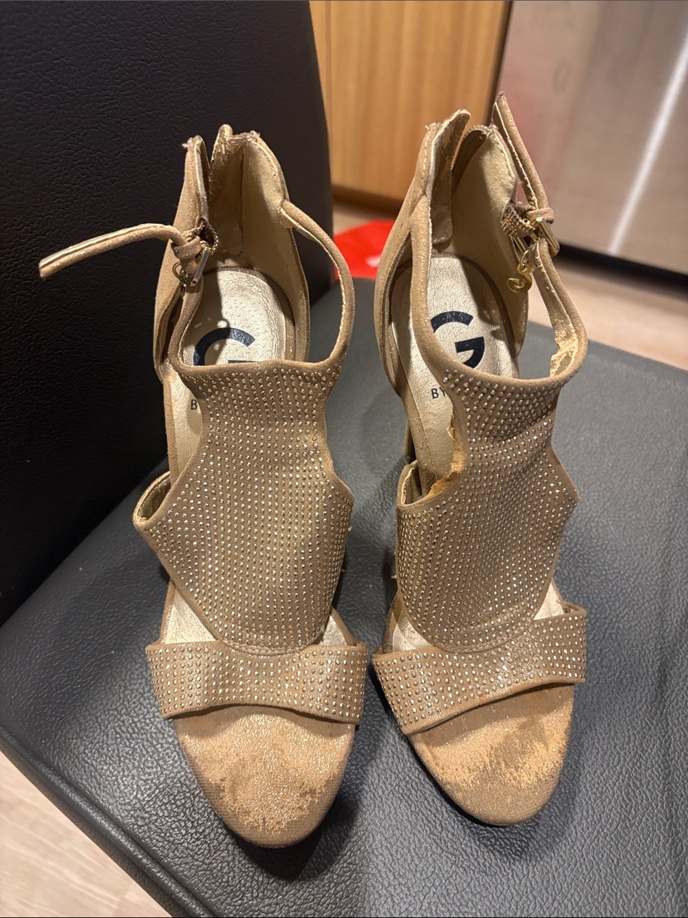 G by Guess Tan  Rhinestone Ankle-Strap Heels